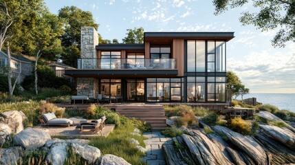 Modern lakeside house with large windows and natural surroundings.