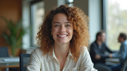 Obraz premium Photo of beautiful happy woman looking at camera while sitting at office