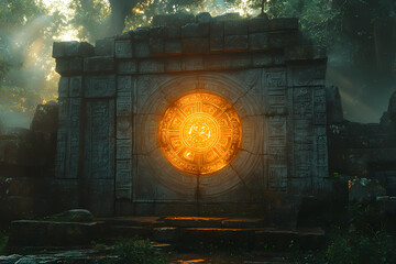Ancient gates of Shambhala with engraved symbols, illuminated by soft sunlight. A scene full of mysticism
