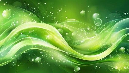 Abstract green wave background with glowing light and bubbles.