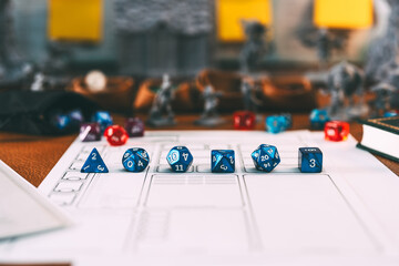 Blue dice place for adventure story TTRPG role playing tabletop game and board game hobby