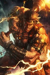 Powerful Warrior with Hammer and Lightning