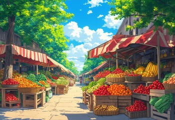 Bustling outdoor market filled with colorful fruits and vegetables, showcasing a vibrant and inviting community atmosphere