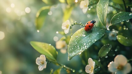 Ladybug on dew-covered leaf amidst blooming white flowers in sunlight.