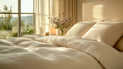 Cozy bedroom with a bed by the window with flowers in a vase. The atmosphere of comfort and relaxation. Hostingcore.