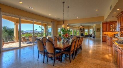 Elegant dining area with scenic views and a cozy living space.