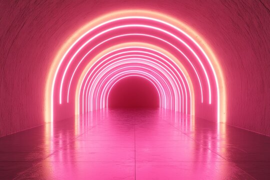 Pink neon archway tunnel, glowing lights, abstract background.