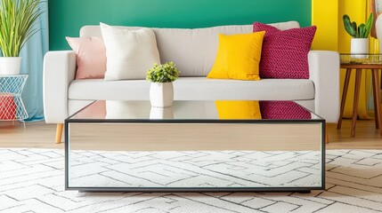 Contemporary, furniture and bold, A modern living room featuring a light sofa, colorful cushions, a reflective coffee table, and vibrant wall colors, creating an inviting atmosphere.