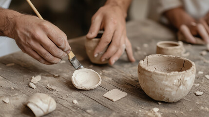 Archaeologists Restoring Ancient Pottery Fragments on Table