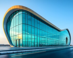 Futuristic Glass Transportation Hub Glowing Under Bright Blue Sky Modern Architecture Concept With Copy Space