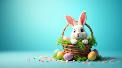 Fototapeta premium Adorable Easter Bunny in a Basket with Blue Background