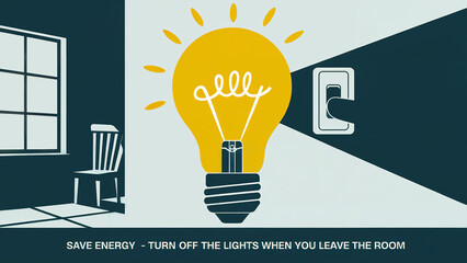 Save Energy Poster: Turn Off Lights Illustration for Sustainability Awareness and Electricity Conservation in a Modern Minimalistic Style