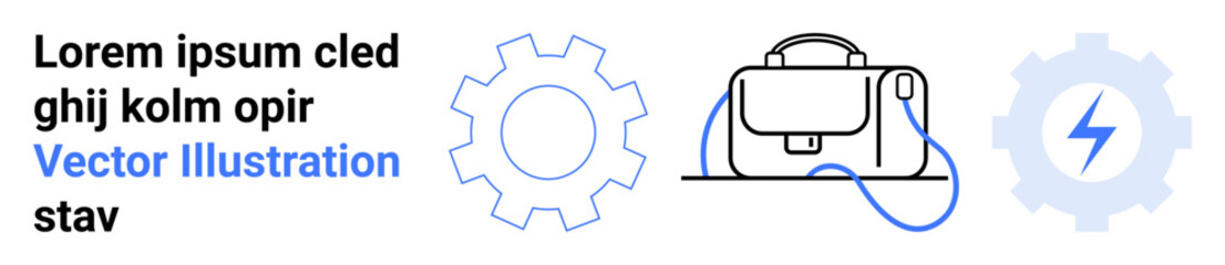 Business briefcase with handle connected by wire between two gear icons, one containing a lightning bolt. Ideal for business, tech, consulting, startup, engineering, innovation, and workflow themes