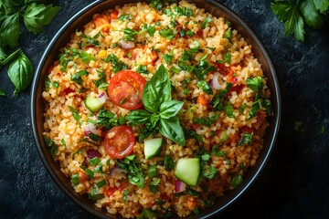 Fresh Mediterranean Bulgur Salad with Cherry Tomatoes and Cucumber Garnish