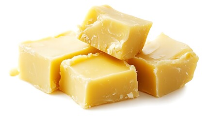 Yellow beeswax cubes on white background, close-up.  Possible use candlemaking, cosmetics.