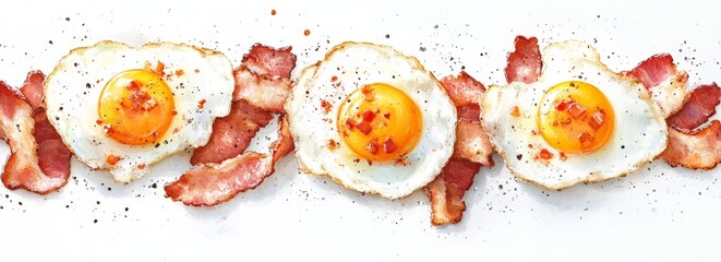 Three fried eggs with crispy bacon strips and pepper.