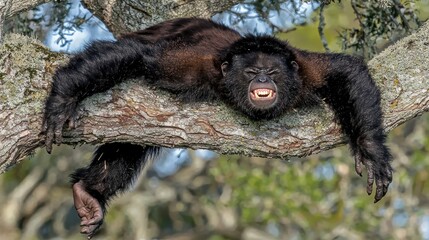 Relaxing howler monkey on tree branch a close-up in tropical wildlife photography