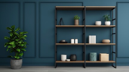 Contemporary, furniture and bold, A modern shelving unit with plants and decorative items against a deep blue wall, creating a stylish and organized interior space.