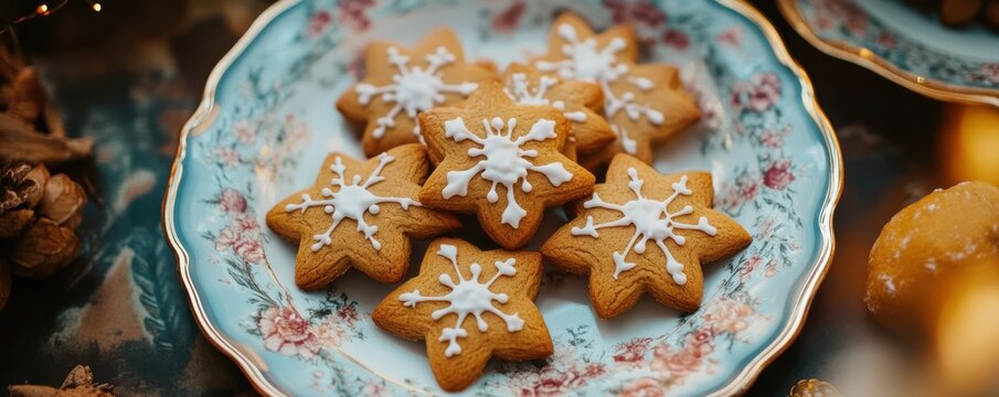 Cute gingerbread cookies arranged on a festive plate, holiday treat photography, cozy and colorful mood.