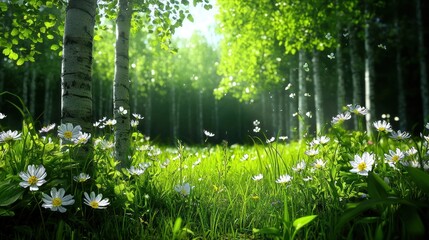 Lush green forest with daisies under bright sunlight.