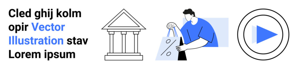 Ancient building with columns, person analyzing data sheet in blue shirt, and blue play button. Ideal for education, history, data analysis, finance, technology architecture media. Landing page