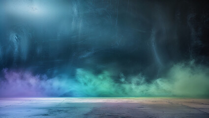 Empty concrete floor with colorful smoke and wall background illuminating by spotlights