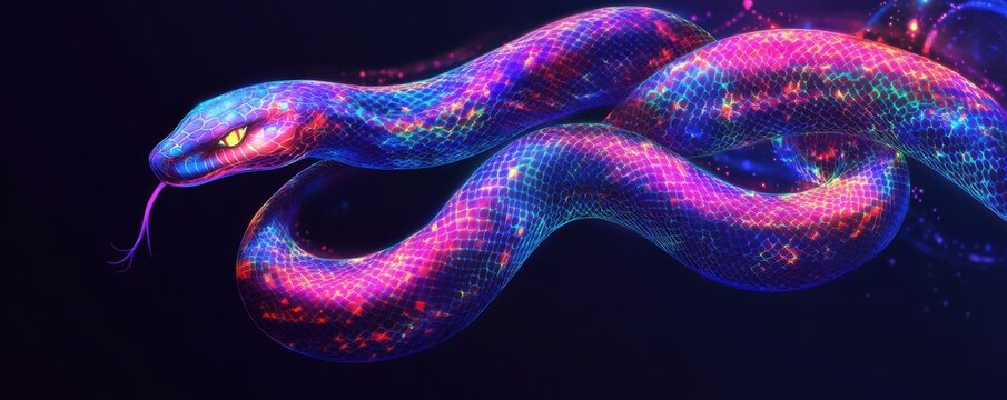 D snake, digital art, neon colors, glowing snake design, creative illustration on a dark background, captivating and modern representation of a serpent