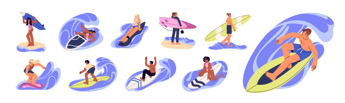 Set of happy people surfing, catching a wave. Surfers ride on board at sea, do stunts, tricks with surfboard on ocean. Summer on beach resort. Flat isolated vector illustrations on white background