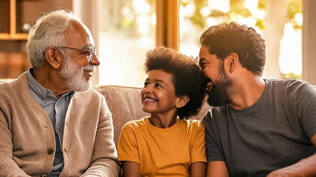 Elderly,middle-aged,and child males bonding.Family laughing together living room sofa.Bright,cozy sunset time.Three generations share joyful moment.Grandfather,father,son enjoy home comfort.Warm