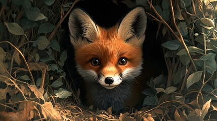 Obraz premium Young fox peeking from tree hollow in lush nature environment captivating wildlife moment