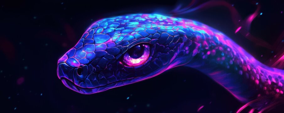 D snake, digital art, neon colors, glowing snake design, creative illustration on a dark background, captivating and modern representation of a serpent
