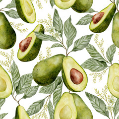 Watercolor avocado with flowers seamless pattern on white background. Green vegetable illustration. Hand drawn botanical plant drawing background for pack, textile, fabric and food packaging design