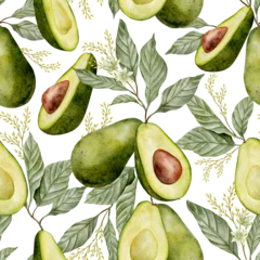Gardinen Küche Muster  Watercolor avocado with flowers seamless pattern on white background. Green vegetable illustration. Hand drawn botanical plant drawing background for pack, textile, fabric and food packaging design  © Daryartsy
