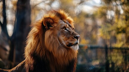Obraz premium Majestic lion in a zoo setting.