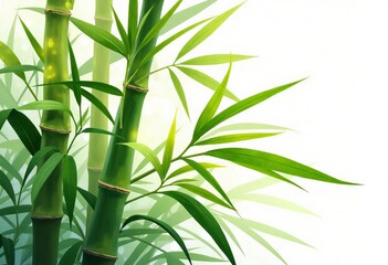 Green bamboo stalks and leaves on a white background