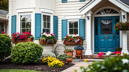 Charming Home Exterior with Vibrant Flower Planters and Teal Door