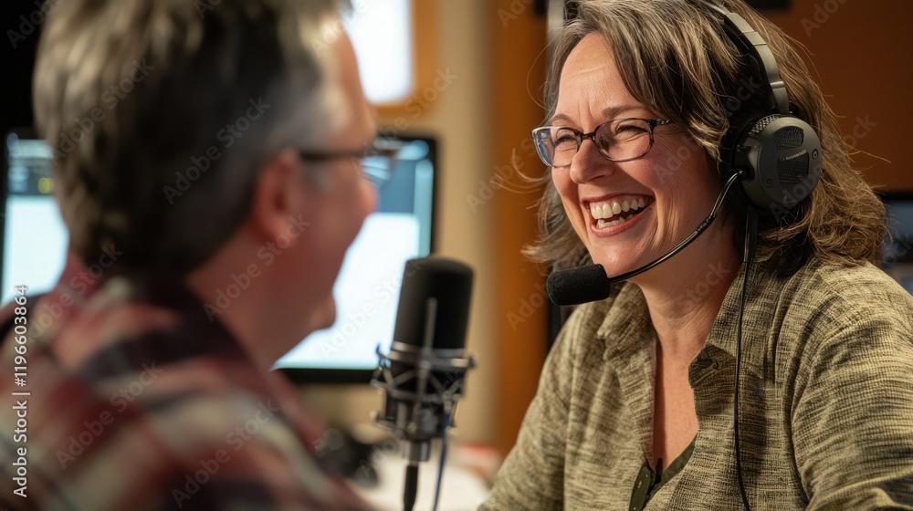 Poster a talk radio host laughing with a guest during an engaging conversation on air.