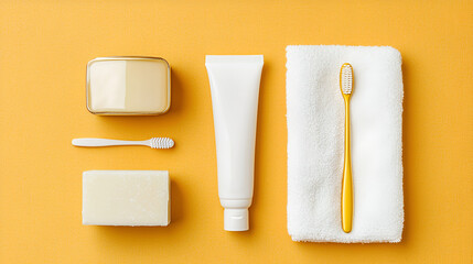 Flatlay hygiene kit; toothbrush, toothpaste, soap, towel, yellow background