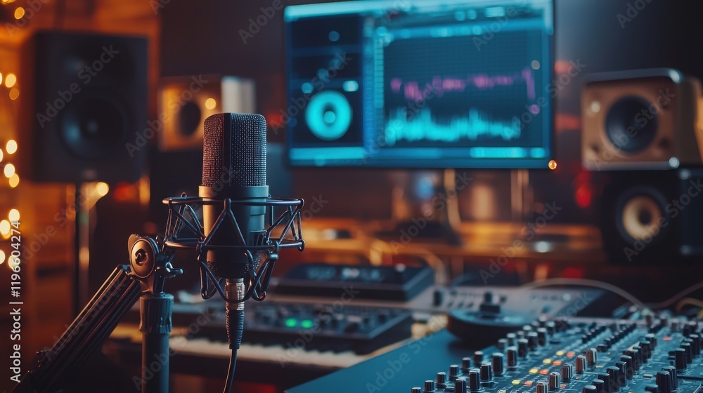 Poster a talk radio studio setup with a microphone, headphones, and computer monitors showing audio levels.