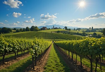 Vineyard Rows Lead To Church And House In Sunny Landscape