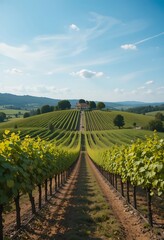 Naklejka premium Vineyard House Hillside Rows Green Landscape