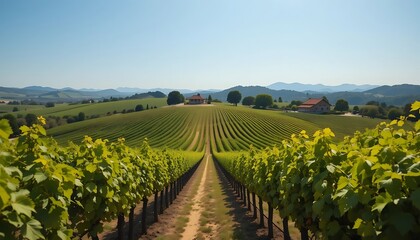 Fototapeta premium Vineyard Rows Leading To Houses And Distant Mountains