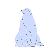 Cute polar bear sits, looking aside. Big white animal of North Pole relaxes. Large furry arctic inhabitant has a rest. Wild fauna, predator of Antarctica, tundra. Flat isolated vector illustration