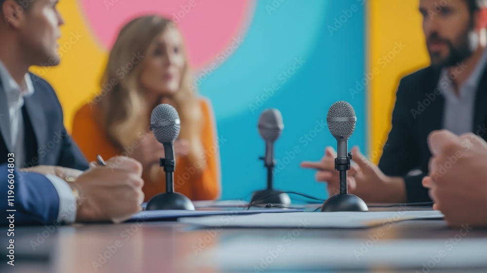 Poster a talk show panel discussing a serious topic while seated around a table, microphones in front of th