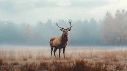 Fototapeta premium Majestic stag in foggy autumn field.