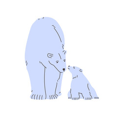Cute polar bears, mother and baby walk together. Arctic white animal with amusing cub steps on North Pole. Adorable furry family strolls in Antarctica, tundra. Flat isolated vector illustration