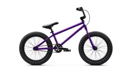 Fototapeta premium Purple BMX bike with black tires and components, isolated on white background.