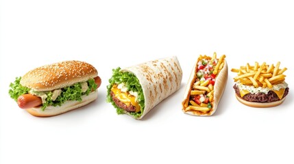 Hot dog, wrap, taco, burger, and fries on white background.