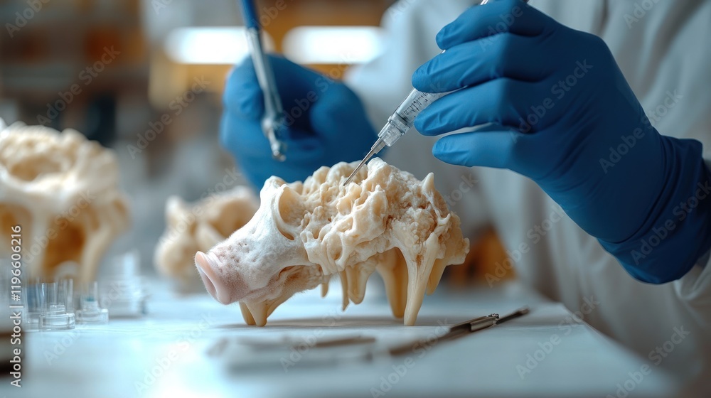 Poster precise medical research: a scientist carefully injects a 3d-printed bone model in a laboratory sett