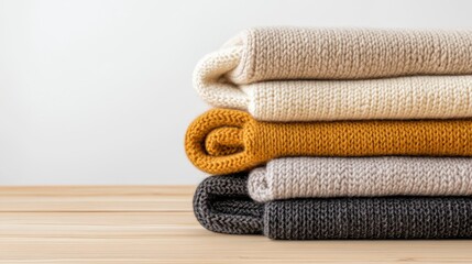Cozy and Soft Knitted Sweaters Stacked on a Wooden Table